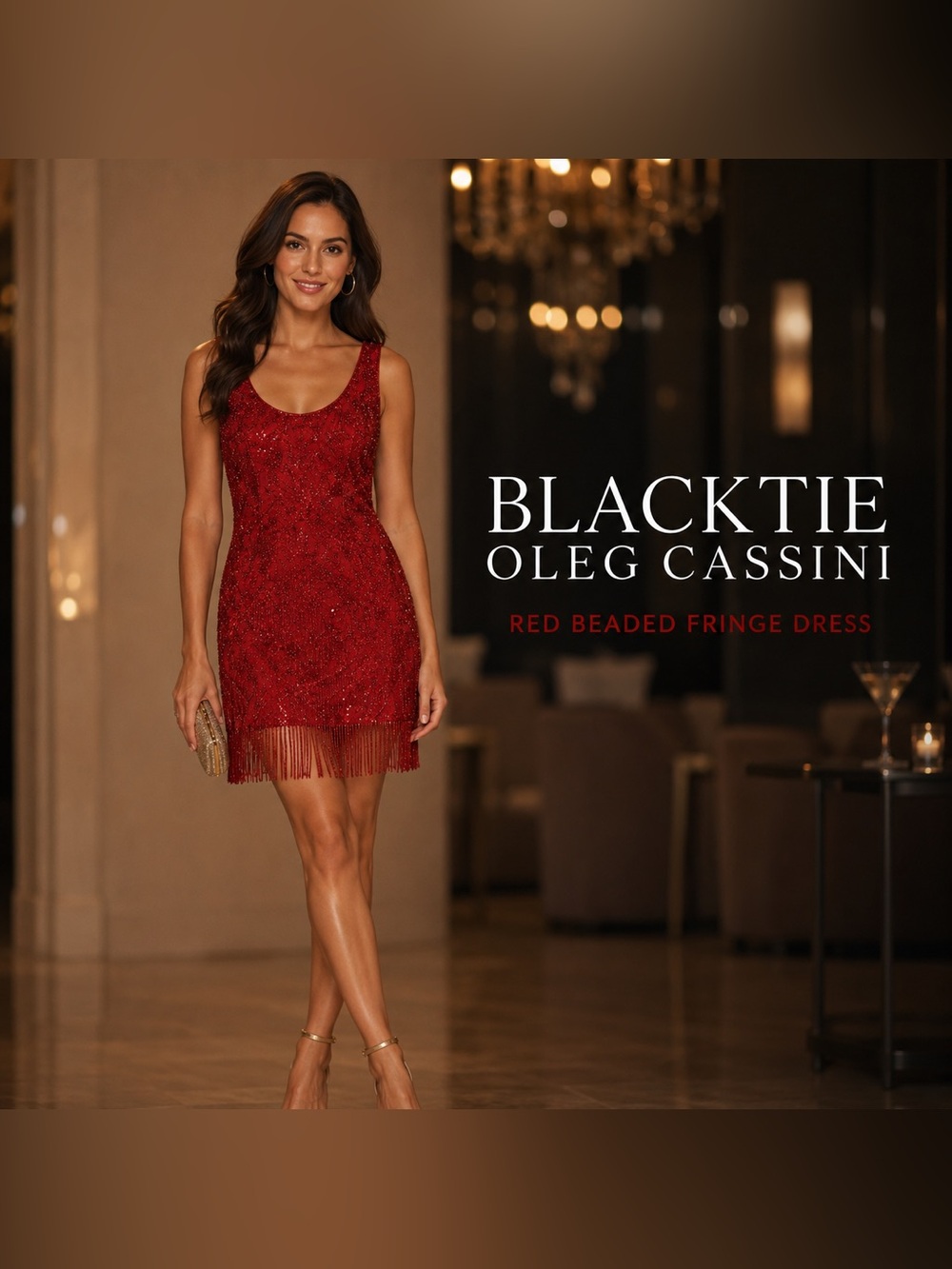 Blacktie Oleg Cassini Red Beaded Fringe Mini Cocktail Dreas  Size 6P